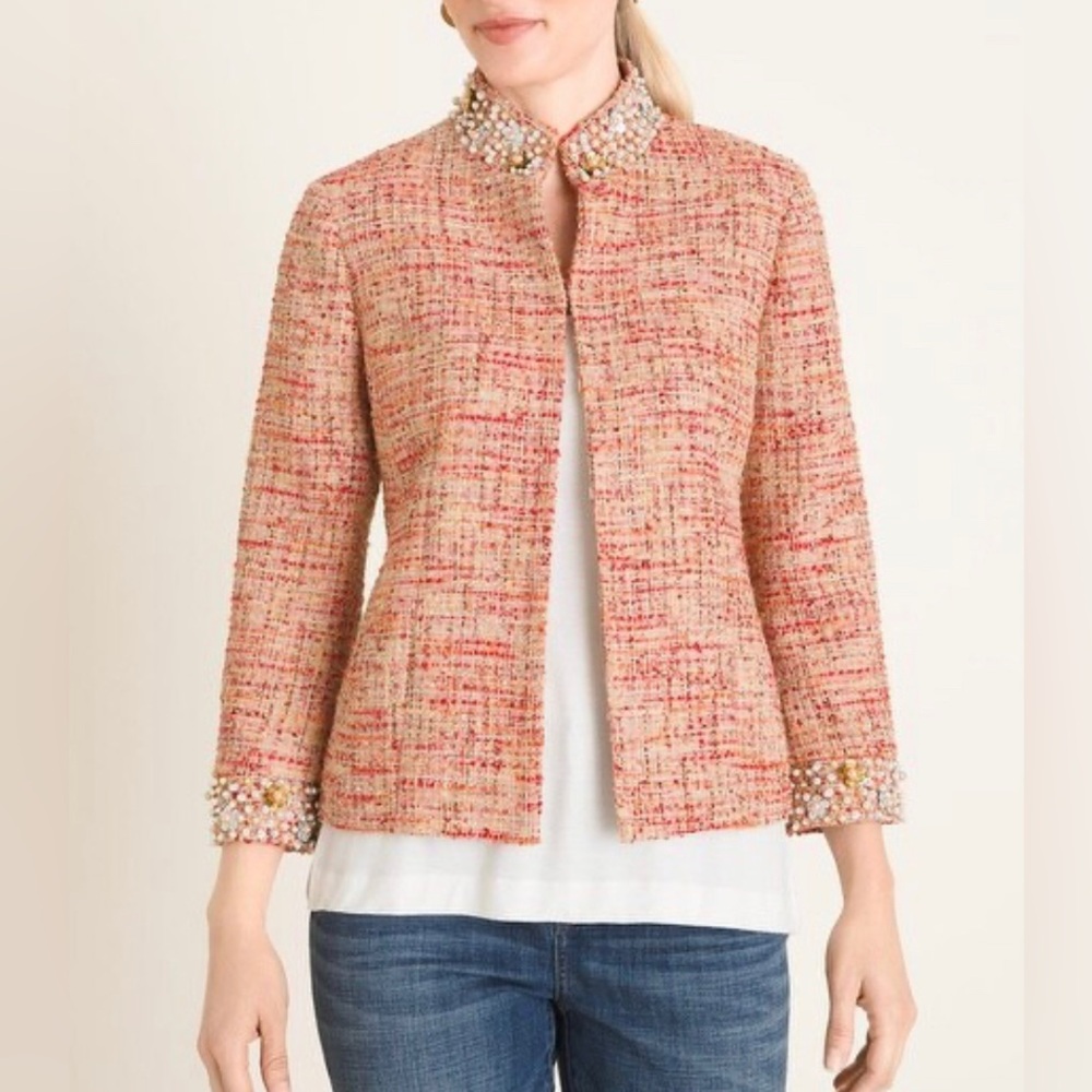 Chico's Peach Multi Tweed Beaded Collar Jacket